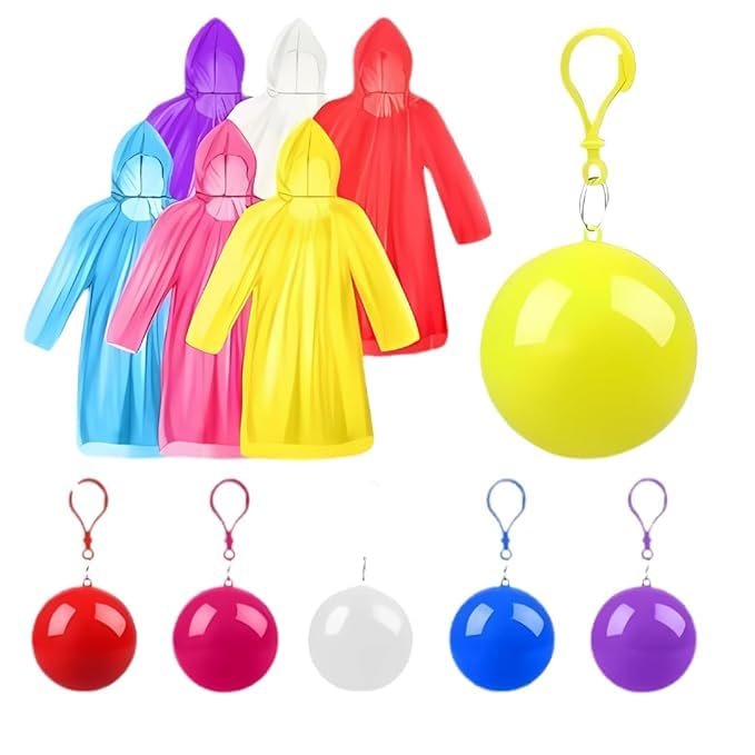 Towjug Emergency Rain Poncho, Disposable Waterproof Raincoat with Hood, Foldable Ball Design with Keychain, Unisex Free Size, Clear