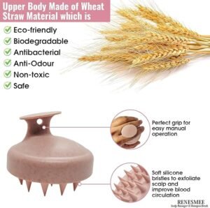 RENESMEE Scalp Massager Shampoo Brush, Eco-friendly Wheat Straw Body with Soft Silicon Bristles | Hair Scalp Scrubber, Exfoliator for Dandruff Removal, Hair Loss Prevention - Beige