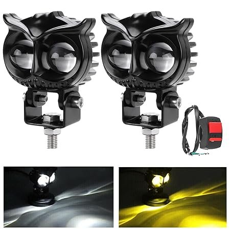 Owl Light Mini Drive Led Fog Light Projector Light with White/Yellow Led DRL Light for Cars, Bikes, Scooty Metal Body with Turn On/Off Switch, Set of 2 Pcs