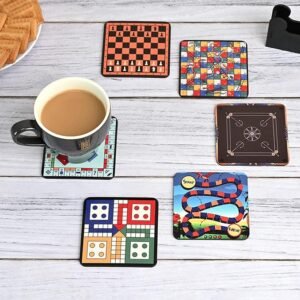 Coaster Set Of 6 Beautiful Wooden Coasters With Proper Coaster Stand Designer Coaster Set Fit For Tea Cups,Coffee Mugs&Glasses (Square 3.8X3.8 Inch) (Ludo Game)