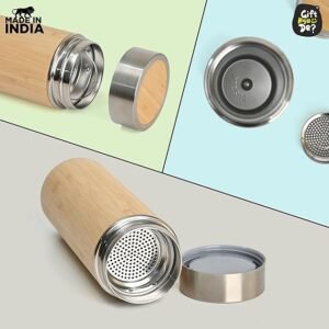 Eco-Friendly Bamboo Water Bottle, Stainless Steel Flask Water Bottle/Thermos with Tea Strainer | Double Wall Vacuum Insulated | Hot & Cold