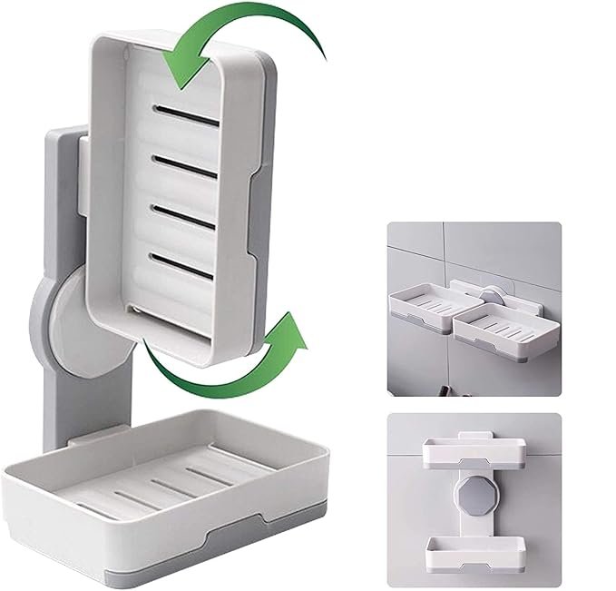JIALTO Plastic Wall Mounted Double Layers Soap Dish Saver with Drain Tray, Adhesive Sponge Holder No-Drilling Soap Holder for Shower Bathroom Kitchen - Multicolour