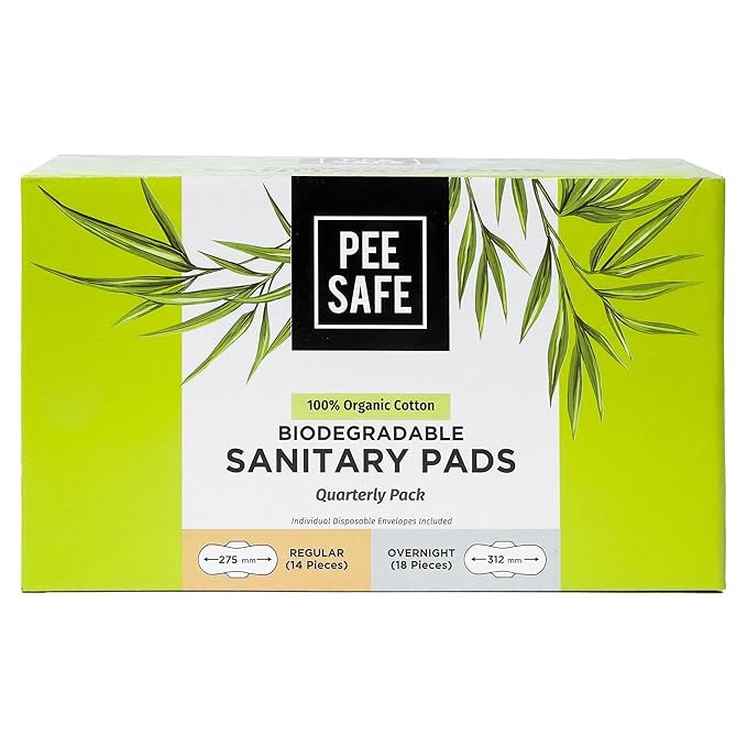 Pee Safe 100% Organic Cotton Biodegradable Sanitary Pads, 14 Regular & 18 Overnight Pads - Quarterly Pack | Anti-Bacterial | Superb Absorbency | Skin Friendly | Comfortable