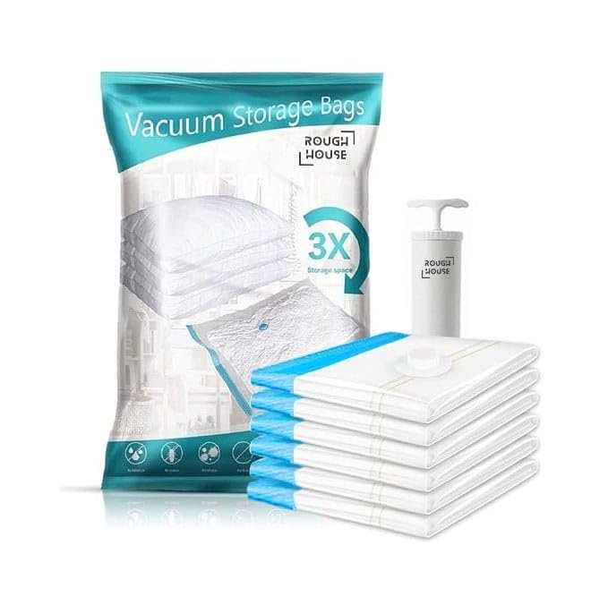 Roughhouse Ultra-Durable Vacuum Storage Bags Pack of 5 Space Saver for Clothes and More- Airtight, Reusable Compression Bags with Double-Zip Seal, Free Pump