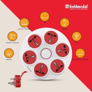 Goldmedal 360 Degree Extension Board | 6 Universal Sockets| 2-Meter Heavy-Duty Cord with Safety Shutter | Multi-Plug Board for Home Appliances & Office, Wall Mount Option - White & Red