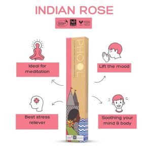 PHOOL LUXURY INCENSE Good Vibes Pack Of 2 Natural Agarbatti For Pooja - Indian Rose & White Cedar | Free Wooden Stand Sulpher & Charcoal Free | 100% Organic Incense Sticks