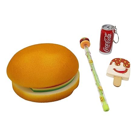 PARTEET Combo (Pack of 4 Items) Burger Shape Dairy/Notepad/Memo Pad with 1 Pizza Pencil,1 Key Chain Pen and 1 Ice Cream Eraser, 100 Pages