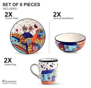 Freakway Hut Family Hand-Painted Ceramic Plates Thali 2 Dinner Plates in 10 Inch with 2 Katoris & 2 Coffee Mug (6 Pieces, Dishwasher & Microwave Safe)