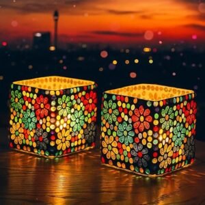 The Purple Tree Sqaure Mosaic Tealight Candle Holders (Pack of 2), Diwali Candle Holder, Mosaic tealight Holder, Diwali Gift