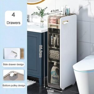House of Quirk Plastic 4-Tiers Bathroom Floor Storage Cabinet Narrow Slim Towel Organizer Side Corner Unit With Clear Drawers And Casters For Tiny Kitchen (4 Tier White)