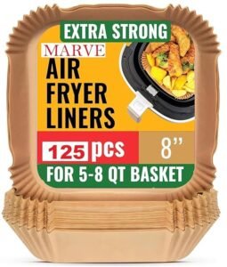 Marve Airfryer Papers Disposable, 125 PCS 8 Inch Non-Stick Parchment Paper with Oil Brush, Round Free of Bleach Liners for 5-8QT Air Fryer, Baking, Roasting Microwave (8 Inch Square)
