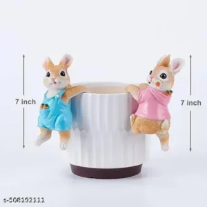 Two Bunny Resin Decorative Showpiece for Plant Pots Multicolor