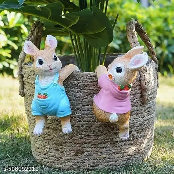 Two Bunny Resin Decorative Showpiece for Plant Pots Multicolor