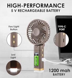 Gesto Portable Fan Rechargeable with LED Light – Foldable Mini Fan, Small Fan,USB Charging Hand Fan with 1200mAh Battery & 3 Speed Modes