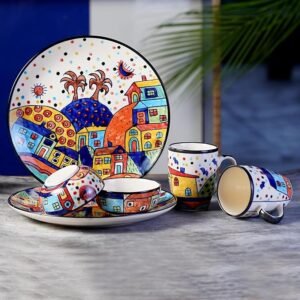 Freakway Hut Family Hand-Painted Ceramic Plates Thali 2 Dinner Plates in 10 Inch with 2 Katoris & 2 Coffee Mug (6 Pieces, Dishwasher & Microwave Safe)