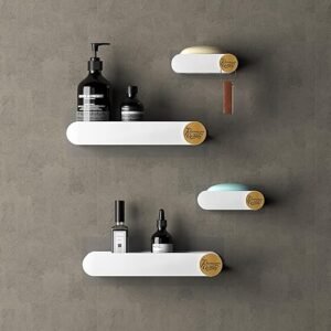 OSLEN Pack of 4 Bathroom Shelf for Wall, Self-Adhesive Bathroom Organiser Wall Mounted Shelf Storage Racks Bathroom Ideal Bathroom Accessories (2 Bathroom Shelves+ 2 Shop Dish White)