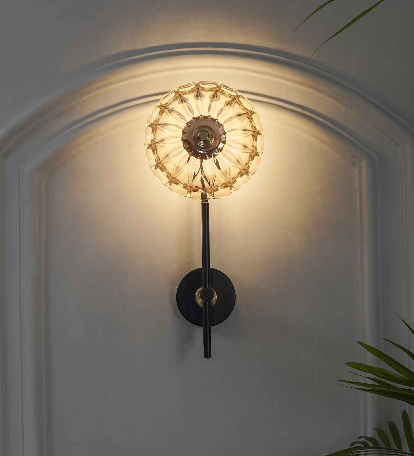 Equinoxe Single Light Wall Fitting In Black & Brass Finish With Amber Glass