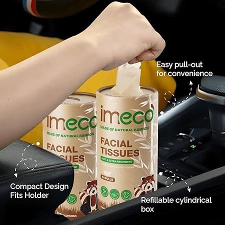 IMECO Bamboo Facial Tissue Paper Cylindrical Box | 100 Pulls (Pack of 2) | Natural & Biodegradable| Chemical-Free & Disposable Napkins | Soft, Eco-Friendly Tissues for Travel, Car & Daily Use
