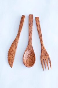 Thenga Coconut Wood Cutlery Set | Eco-Friendly & Handmade Wooden Spoon, Fork & Knife for Dining, Snacks & Cooking | Sustainable, Natural & Durable Utensils for Everyday Use & Gifting (Set of 3)
