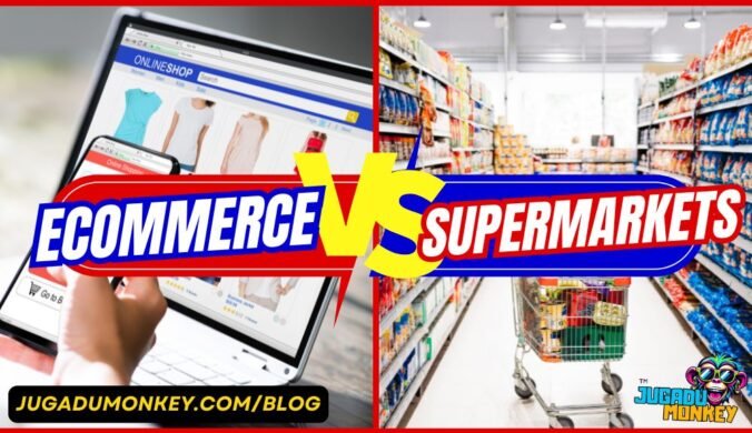 A split-screen illustration showing online shopping apps on a smartphone versus a supermarket aisle in India, symbolizing the retail battle.