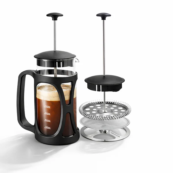 French Press Coffee & Tea Maker 350 ml | Premium Heat Resistant Borosilicate Glass Carafe | 4 Level Filtration System | Stainless Steel Plunger with Mesh | 1-2 Cups of Coffee | Brews in Just 3 Minutes | Black | 1 Year Warranty