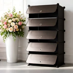 AD-RML Portable 5 Layer Foldable Shoe and Utility Storage Rack with Doors for Home Use Metal, Plastic Shoe Rack(BLACK + CLEAR, 5 Shelves, DIY(Do-It-Yourself))