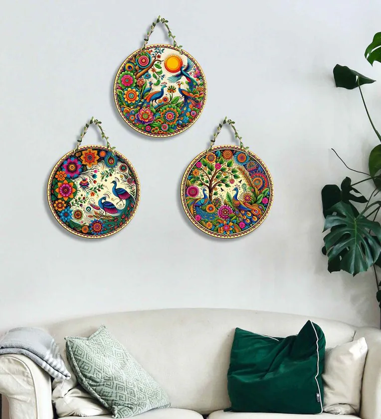 3 Pieces Peacocks Wooden Circle Wall Hanging Set