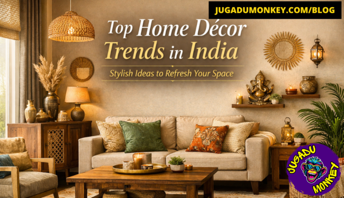 Contemporary Indian living room showcasing warm minimalism with earthy tones, brass accents, rattan mirror, and indoor plants. Tagline: “Stylish Ideas to Refresh Your Space.”