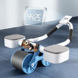 b Roller With Automatic Rebound, Elbow Support, Timer & Mobile Holder, Dual Non-Slip Wheels, Professional Core Strength Training Ab Roller, Home Gym Core Trainer With Knee Pad – Blue