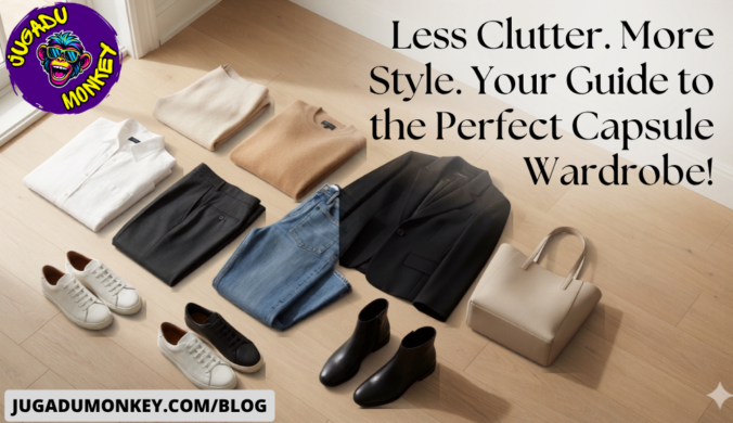 A minimalist capsule wardrobe flat lay on a light wood floor featuring a white shirt, sweaters, denim jeans, a black blazer, a beige tote bag, sneakers, and boots. Text reads, "Less Clutter. More Style. Your Guide to the Perfect Capsule Wardrobe."